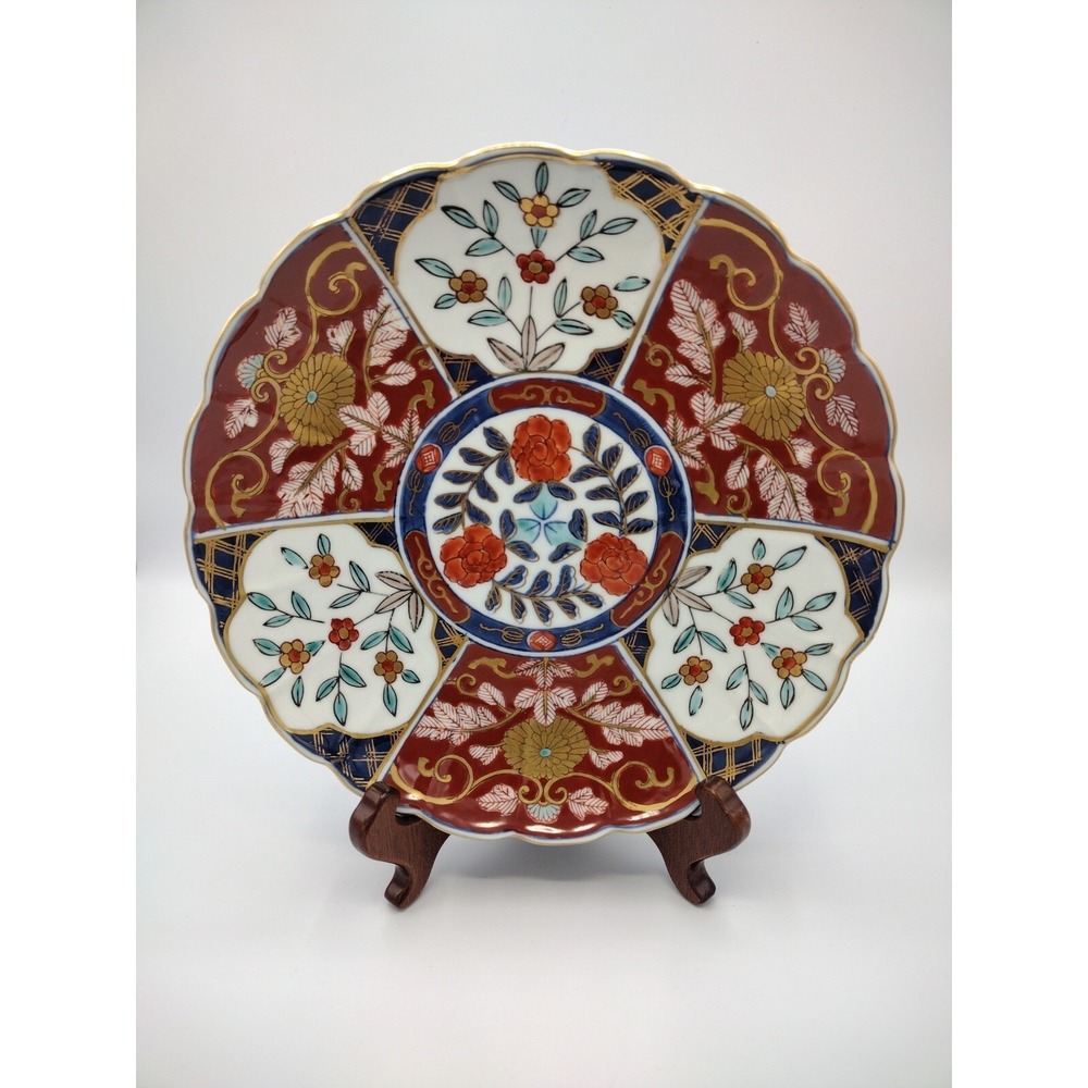 VTG Imari Scalloped Porcelain Decorative Floral Plate 10½" Gold Trim Hangable